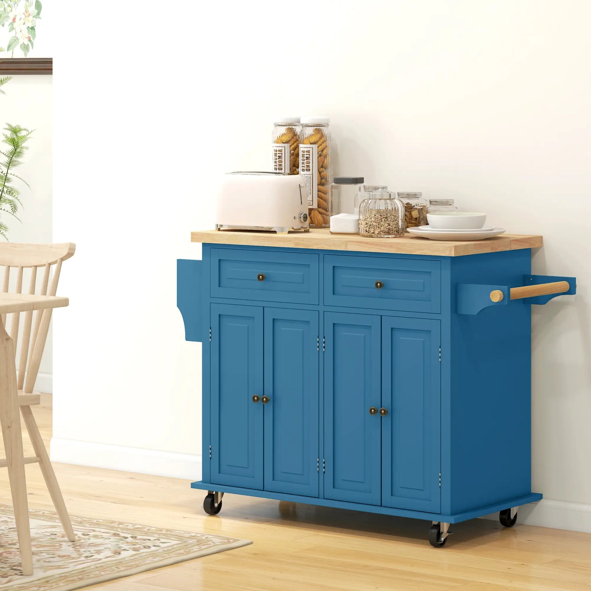 Kitchen Island with Storage, Rolling Cart, Rubber Wood Top, Blue Kitchen Islands & Kitchen Carts at Gallery Canada