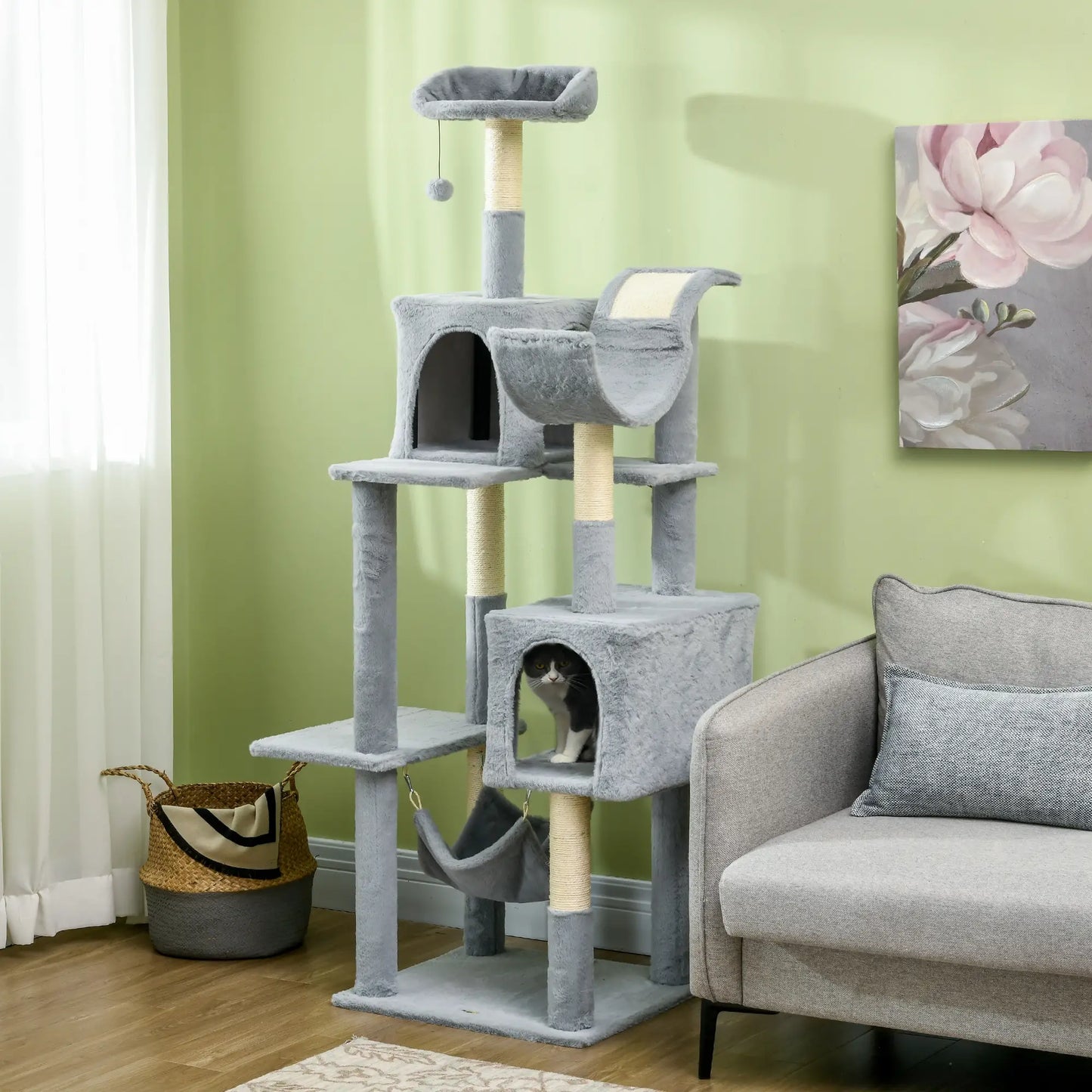 70" Tall Cat Tree, Multi-Level Tower with Hammock, Bed, Condo, Sisal Scratching Posts, Bluish Grey Cat Towers at Gallery Canada