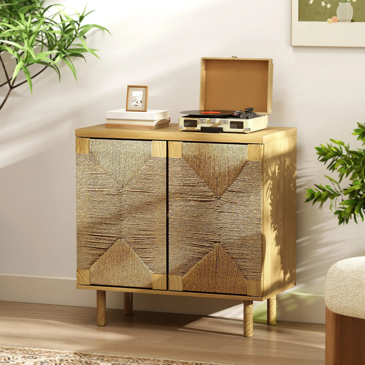 Handwoven Rope Accent Cabinet, Boho Sideboard, Push to Open Doors, Adjustable Shelf Storage Cabinets at Gallery Canada