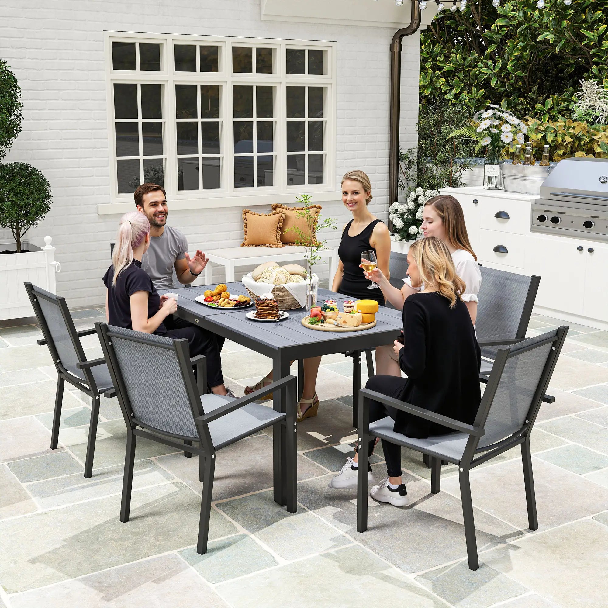 7 Piece Outdoor Dining Set, Rectangular Table, 6 Stackable Chairs Outdoor Dining Sets at Gallery Canada