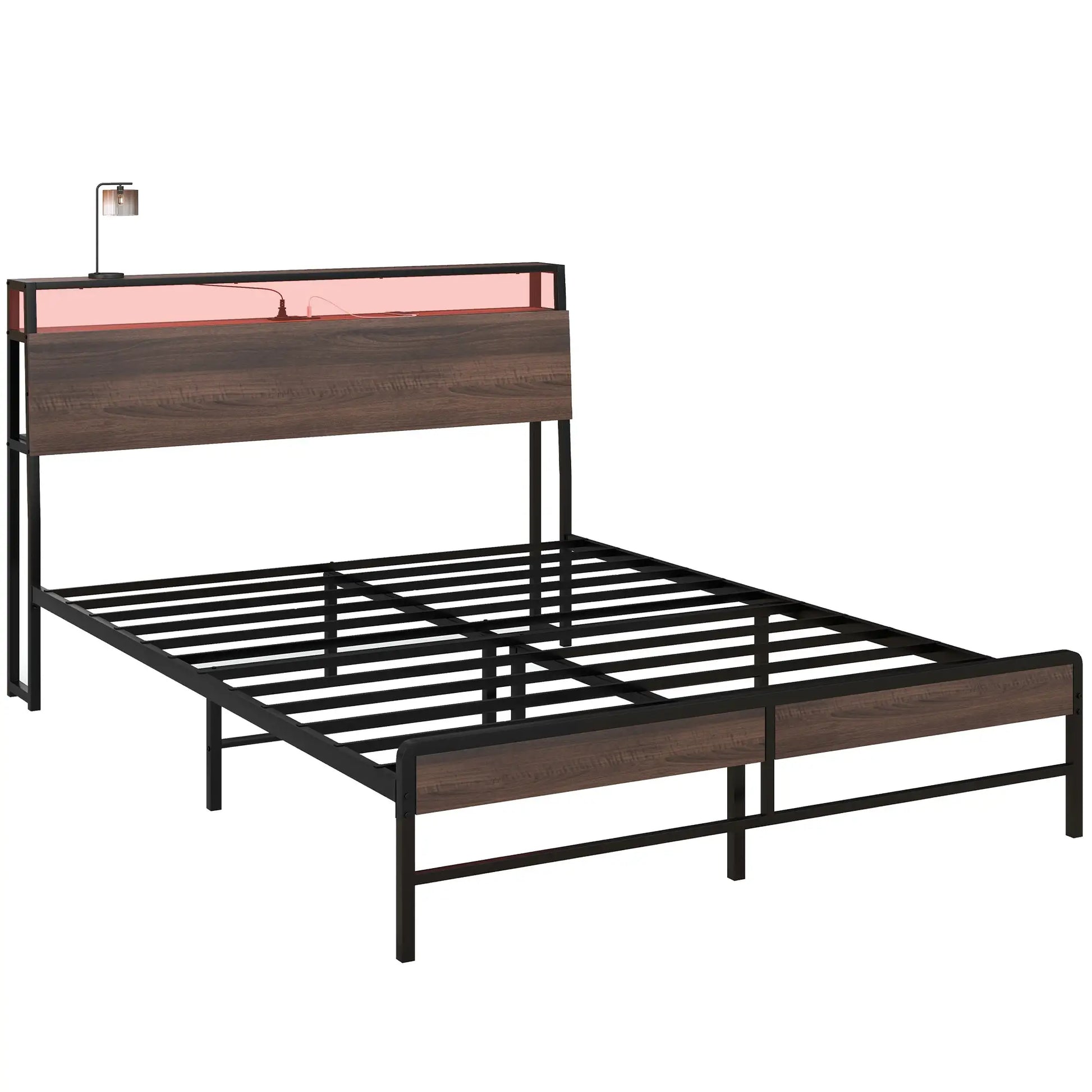 Queen Size Bed Frame with LED Lights, Charging Station, Storage Headboard, Walnut Bedroom Furniture at Gallery Canada
