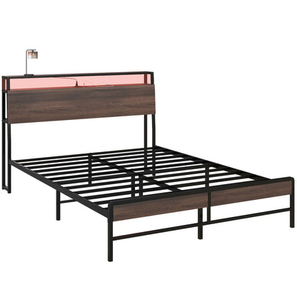Queen Size Bed Frame with LED Lights, Charging Station, Storage Headboard, Walnut Bedroom Furniture at Gallery Canada