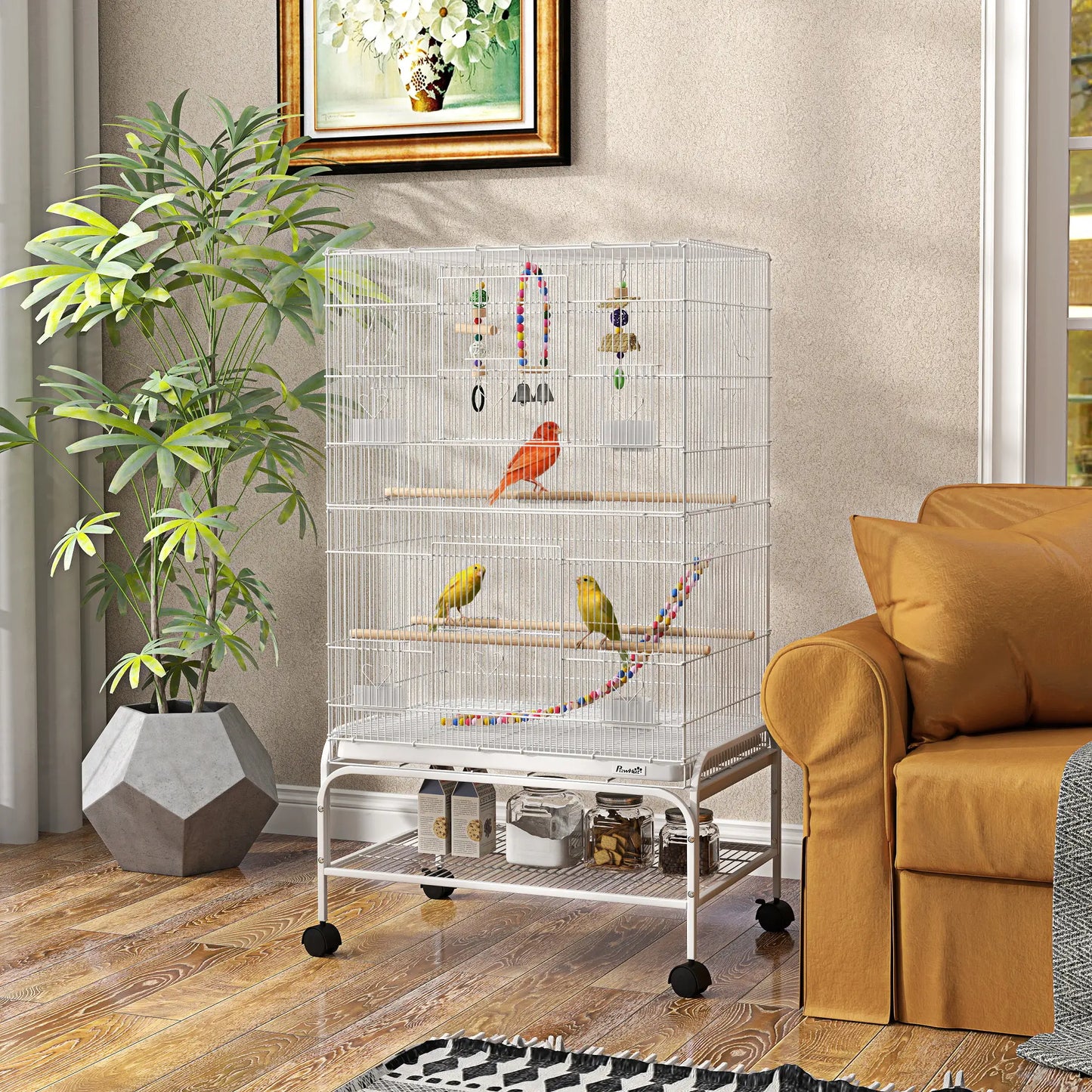 43" Bird Cage With Rolling Stand, Toys, For Budgies Canaries, White Bird Cages at Gallery Canada