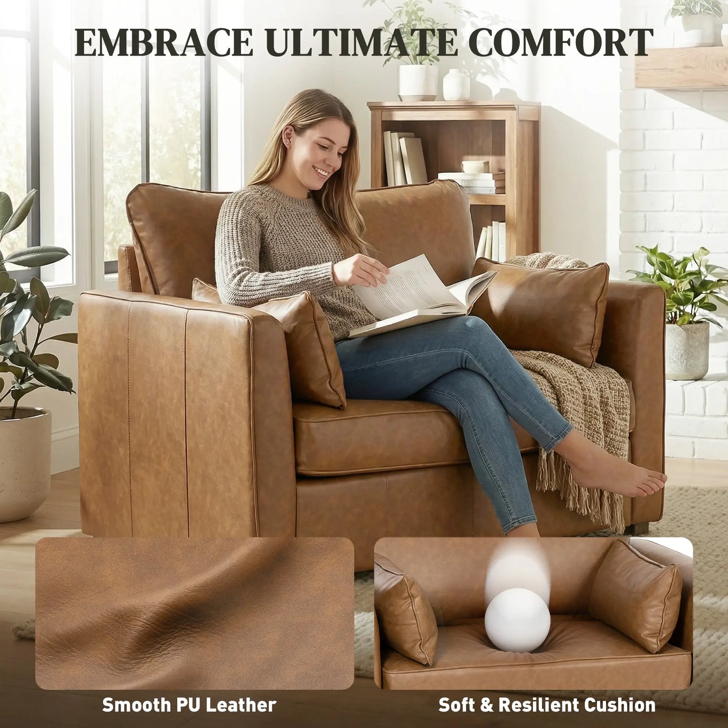 PU Leather Armchair, Wide Seat, Spring Cushion, Rubberwood Legs, Brown Accent Chairs at Gallery Canada
