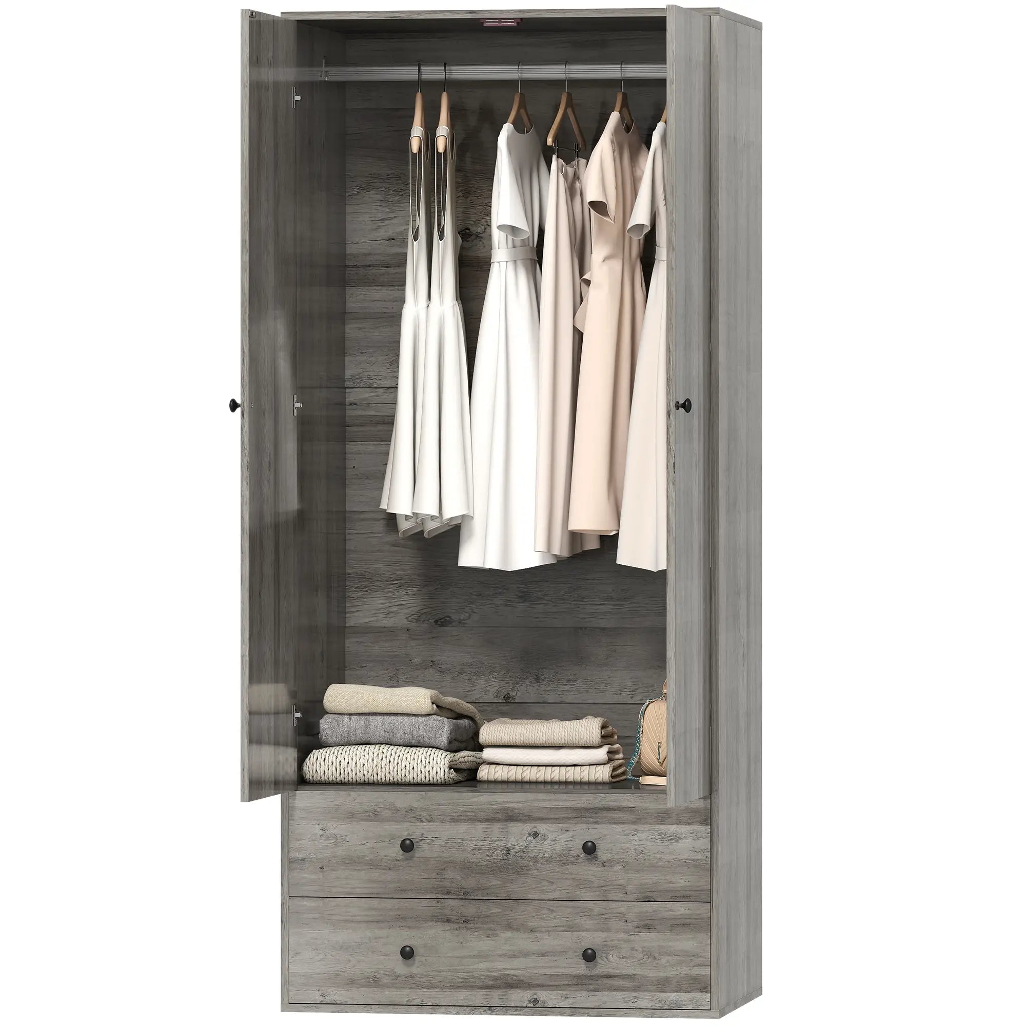 Modern Wardrobe Closet, 2 Drawers, Hanging Rod, Grey Clothing Storage Grey at Gallery Canada