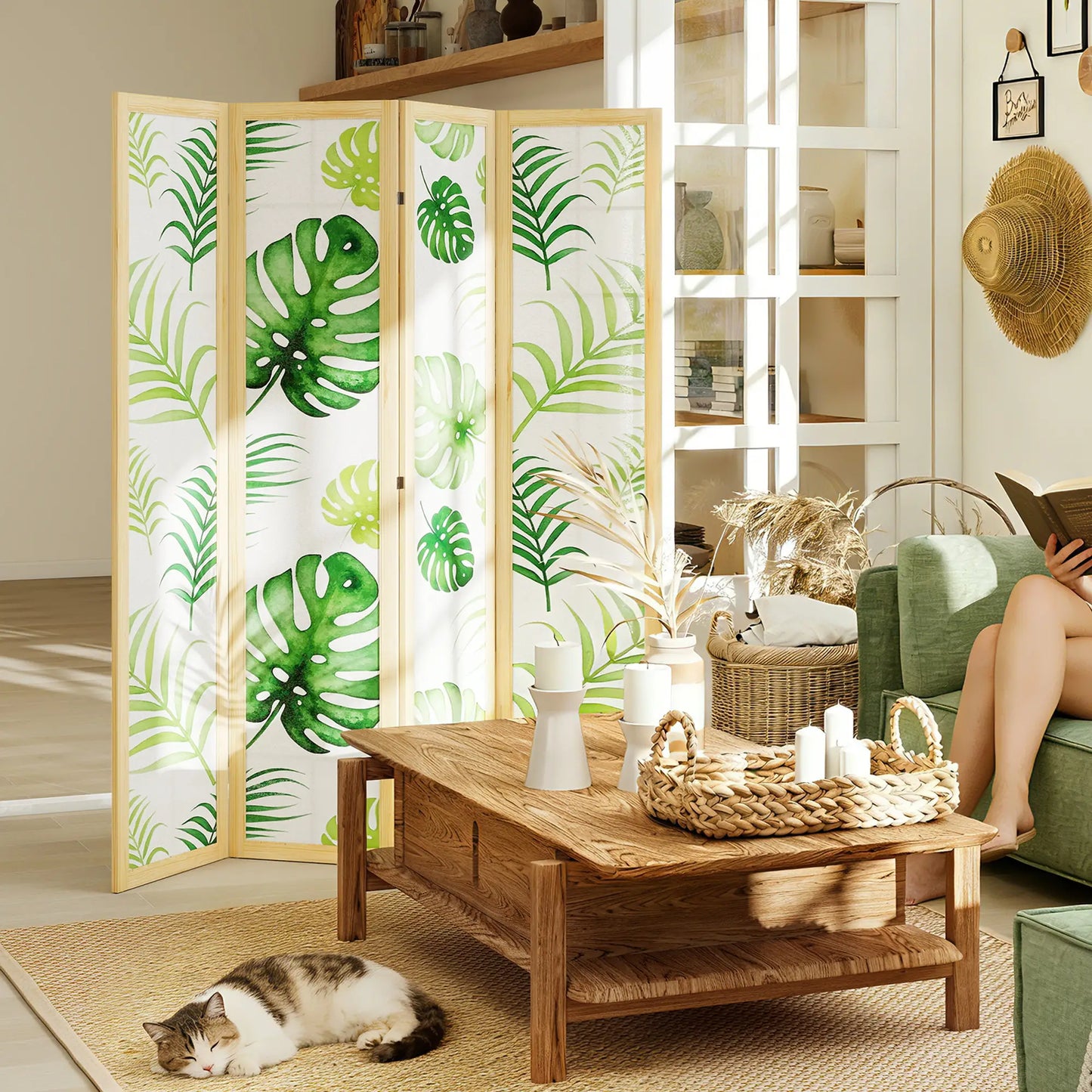 4 Panel Folding Privacy Screen, 67" Palm Leaf Design, Natural Green, Green