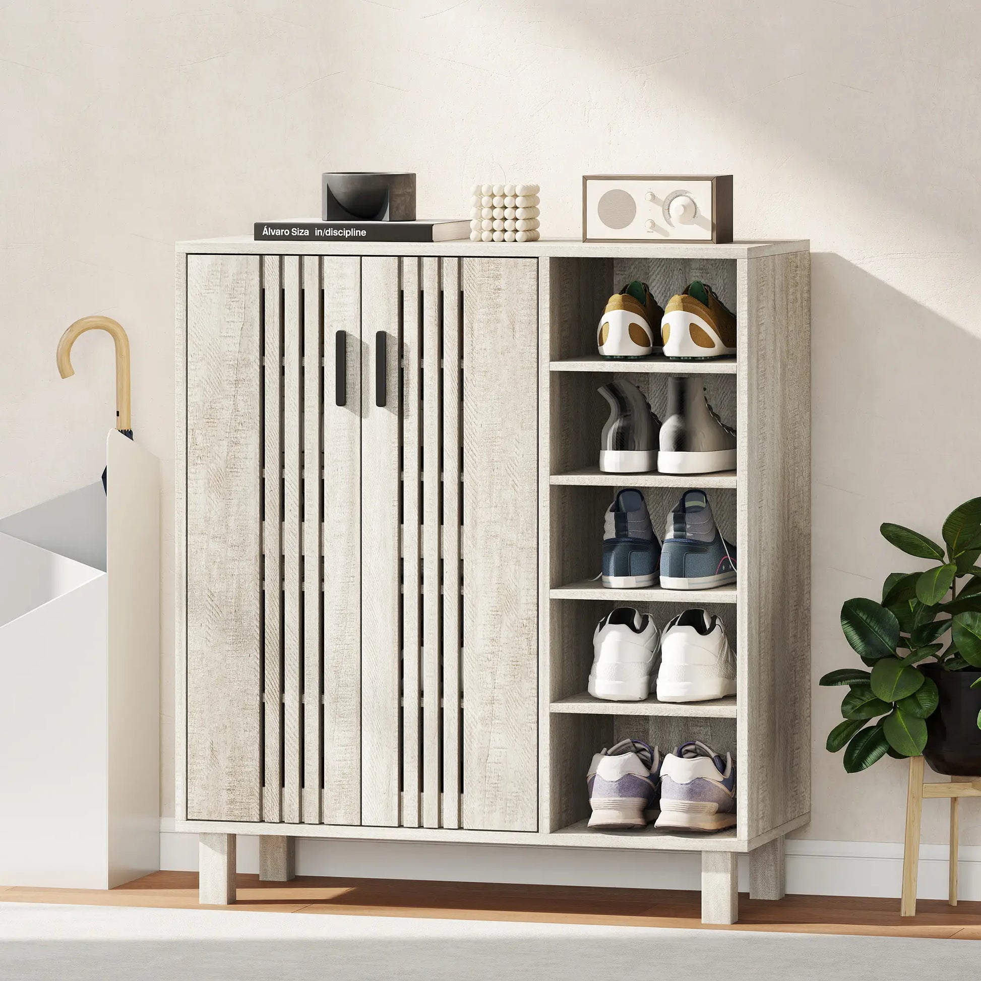 Shoe Storage with Double Doors, Open Shelves, 17 Pair, Light Grey Shoe Storage Cabinets & Racks at Gallery Canada