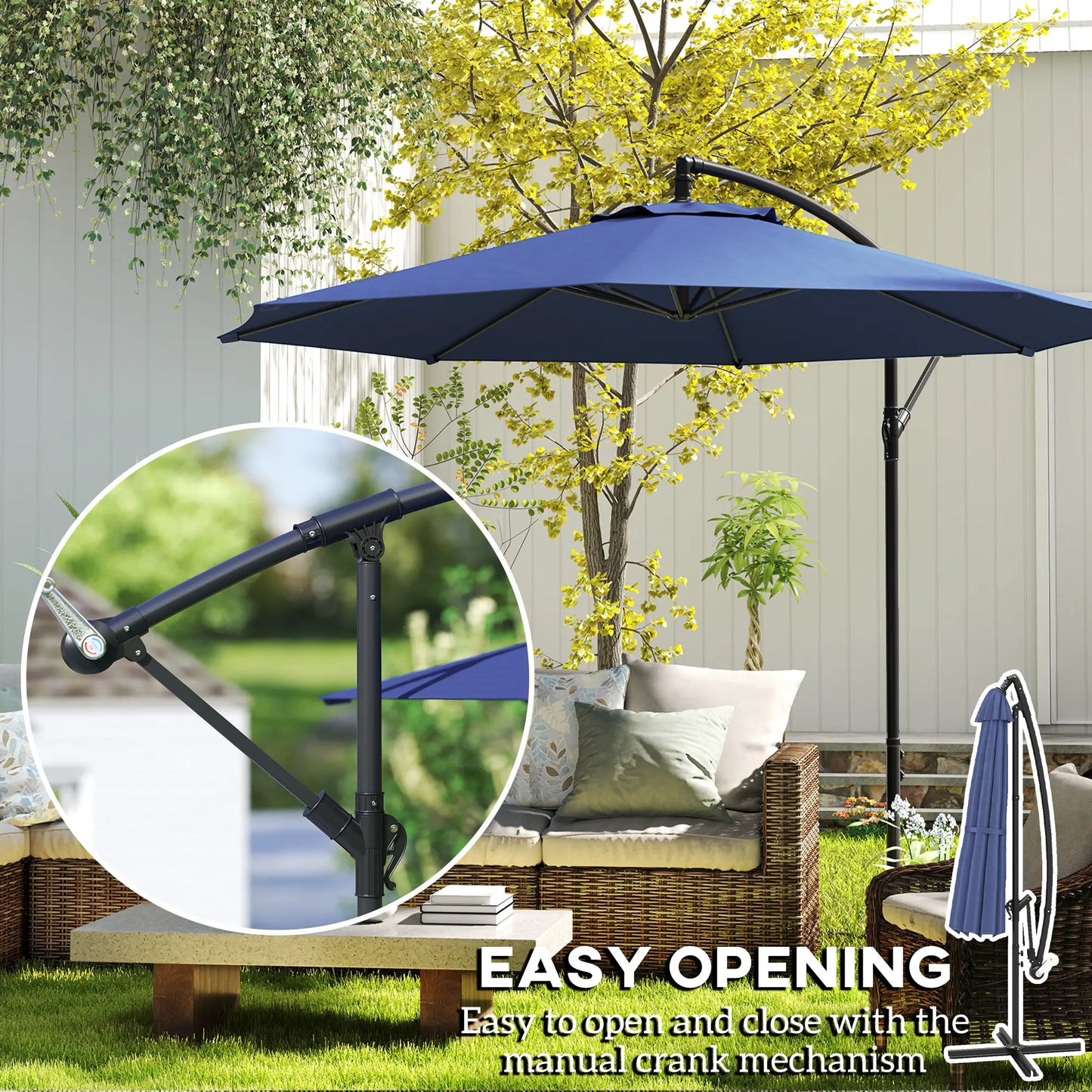 9.7ft Offset Patio Umbrella, 8 Ribs, Crank Handle, Cross Base, Blue Offset Cantilever Umbrellas at Gallery Canada