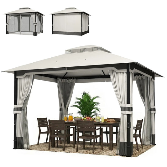 10' x 12' Patio Gazebo, Double Roof Canopy Shelter, Steel Frame, Light Grey Gazebos Light Grey, Beige at Gallery Canada