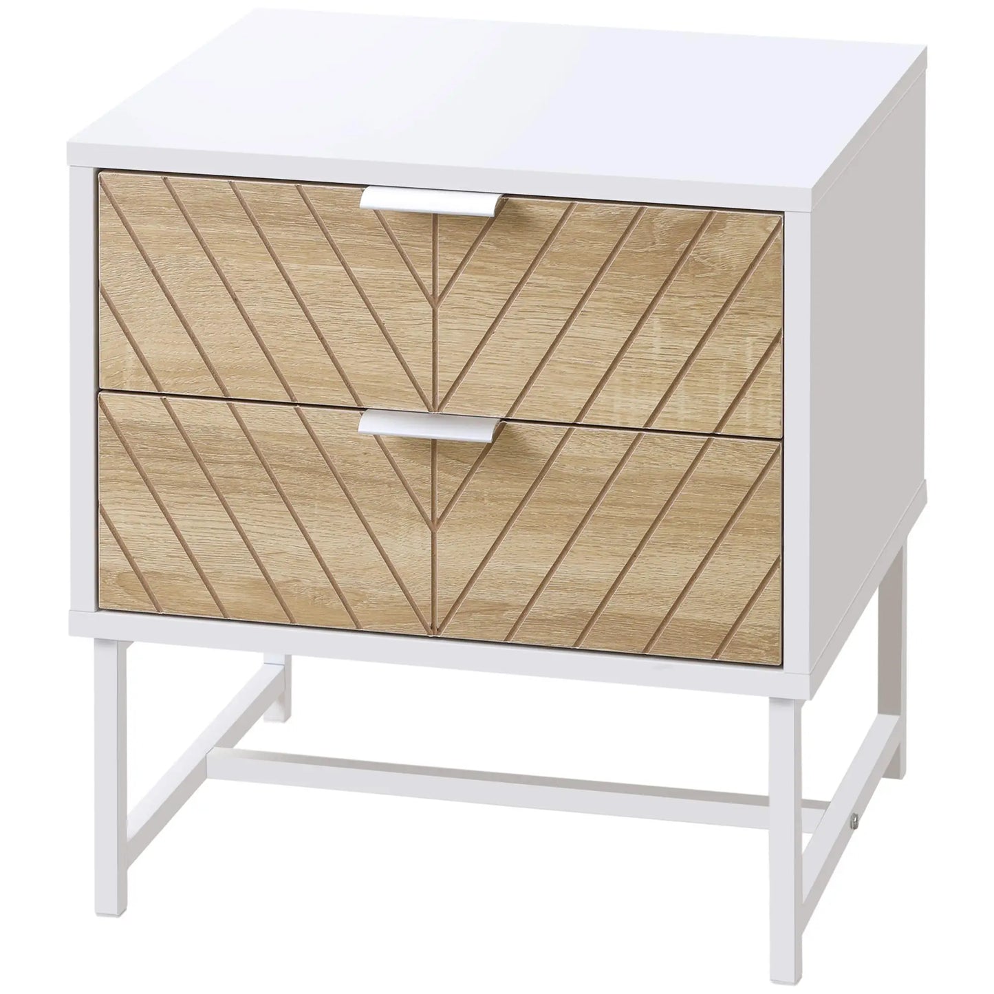 Modern Bedside Table, 2 Drawers, Steel Frame, Oak, White Bedside Tables White, Oak at Gallery Canada