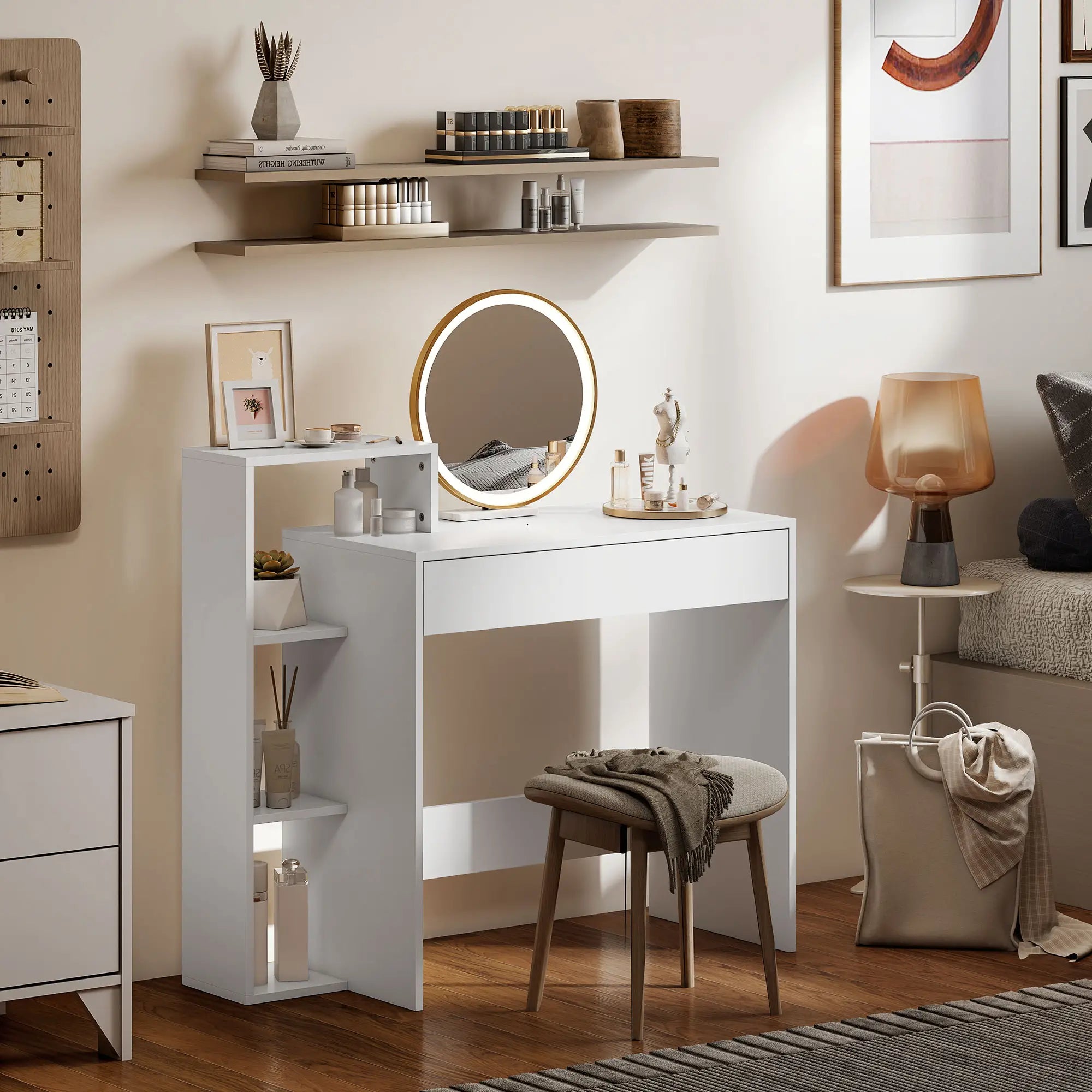 Computer Desk With Storage, 3 Open Shelves And Drawer, White Writing Desks at Gallery Canada