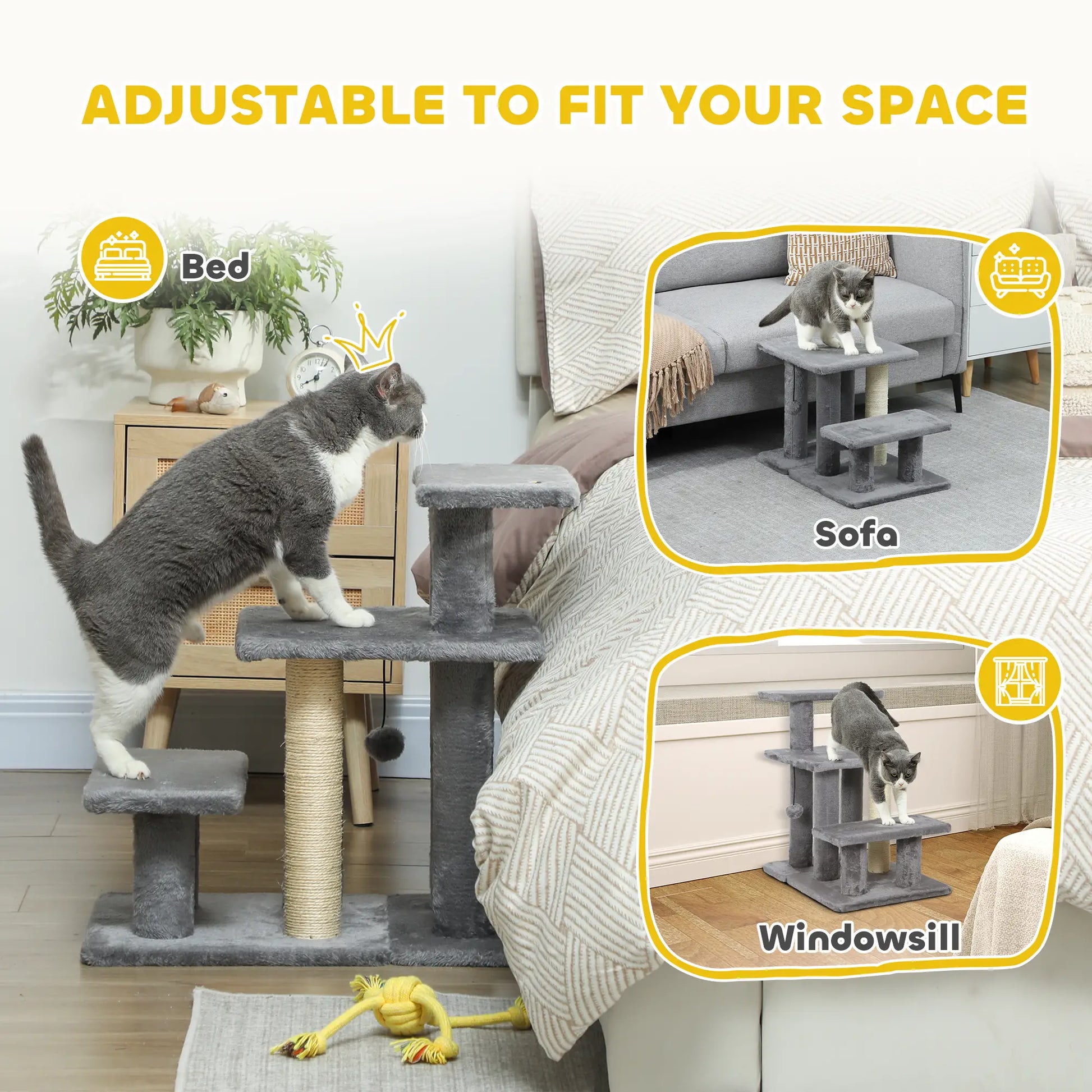 Cat Stairs with 2 Sisal Scratching Posts, Adjustable 3-Tier, Grey Dog Stairs at Gallery Canada