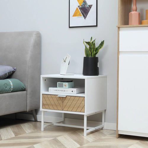 Modern Bedside Table with Drawer, Storage Shelf, Oak, White