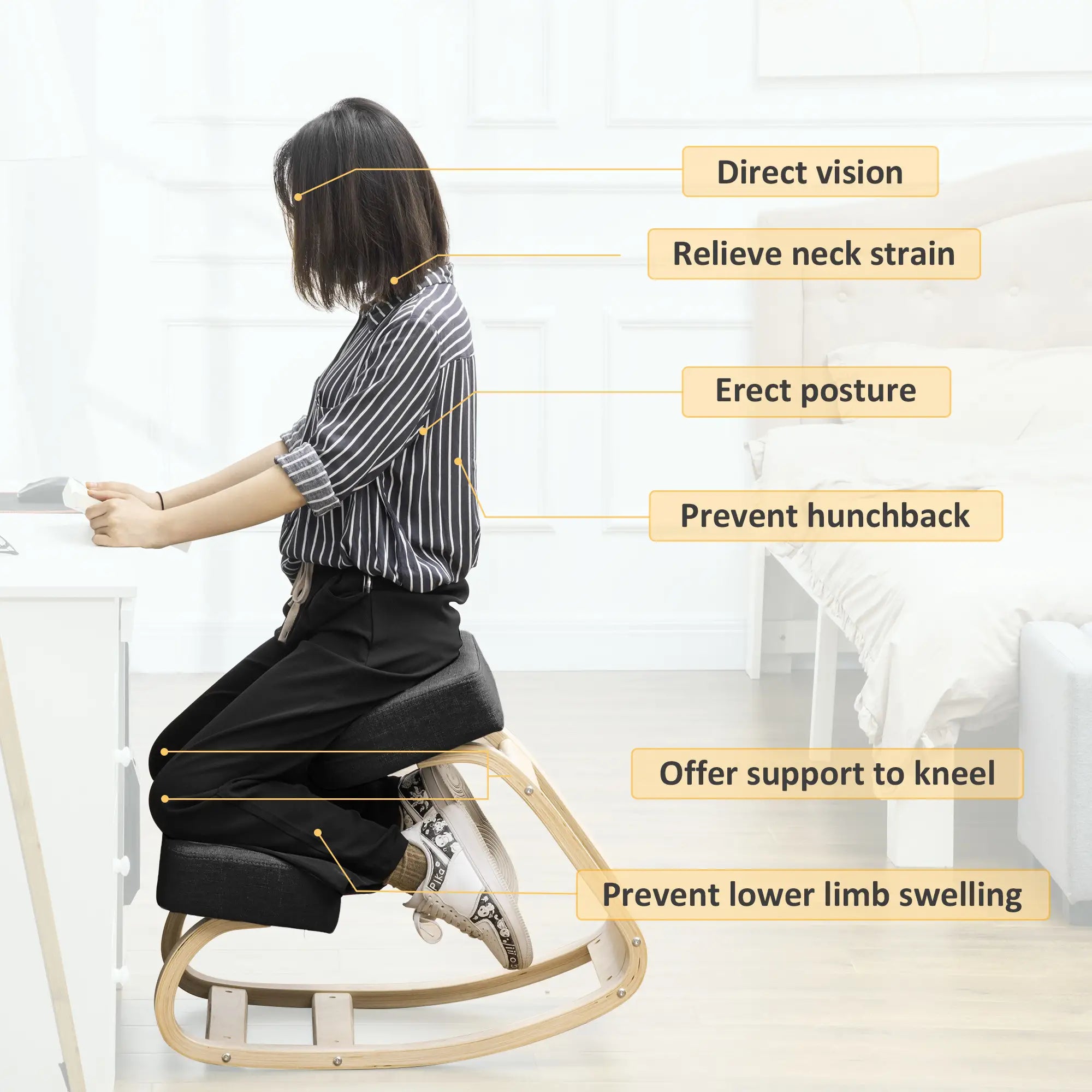 Ergonomic Kneeling Chair, Wood Stool with Thick Pads, Black Office Chairs at Gallery Canada