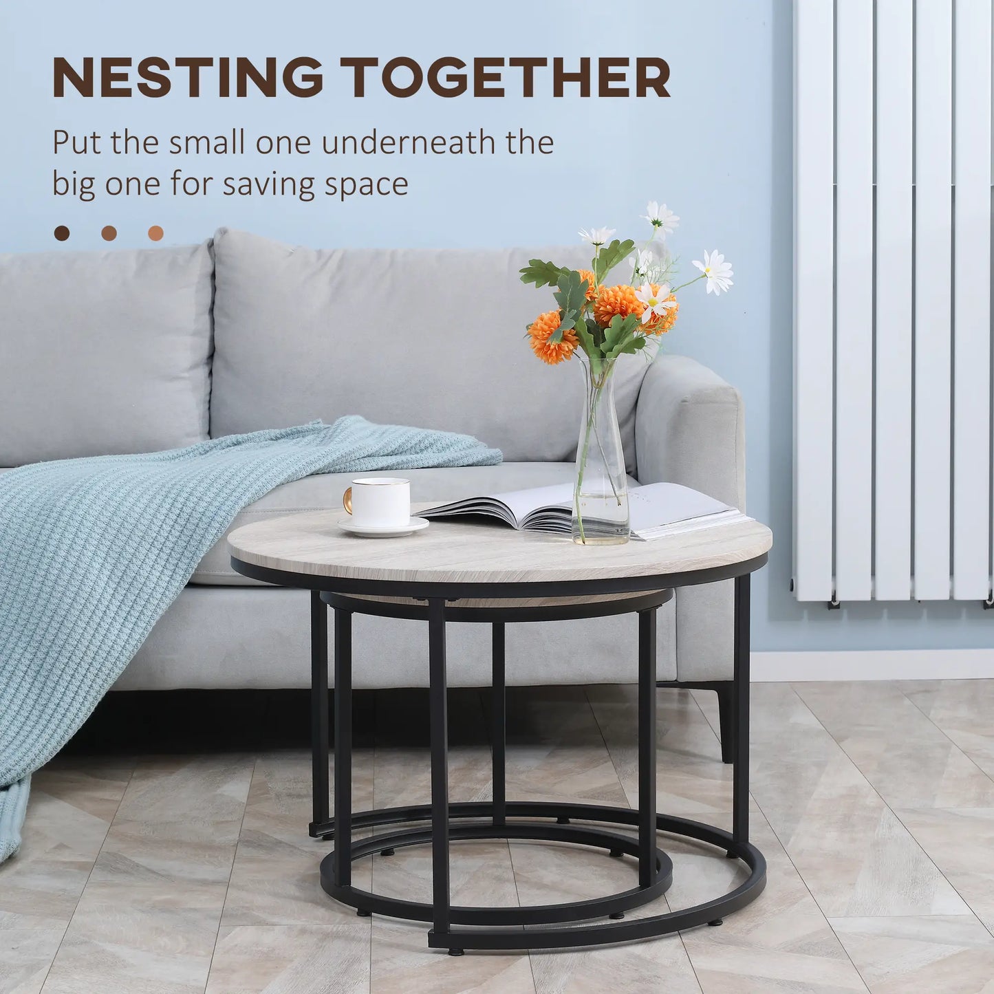 Nesting Coffee Tables Set of 2, Round, Metal Frame, Wood Grain, Grey Living Room Furniture at Gallery Canada