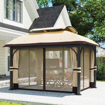 11' x 13' Patio Gazebo, Double Roof Canopy with Netting, Galvanized Frame, Khaki Gazebos at Gallery Canada