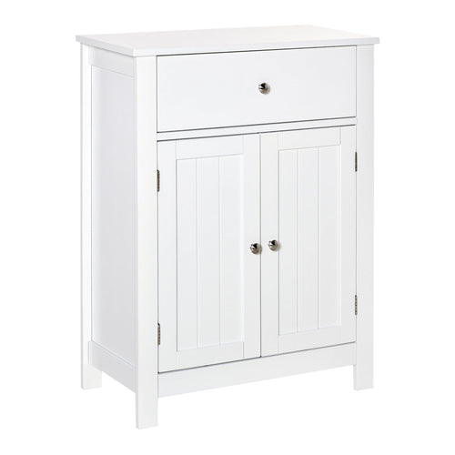 Bathroom Floor Storage Cabinet Freestanding Wooden Storage Organizer with Drawer Doors Adjustable Shelves for Living Room Kitchen Hallway White