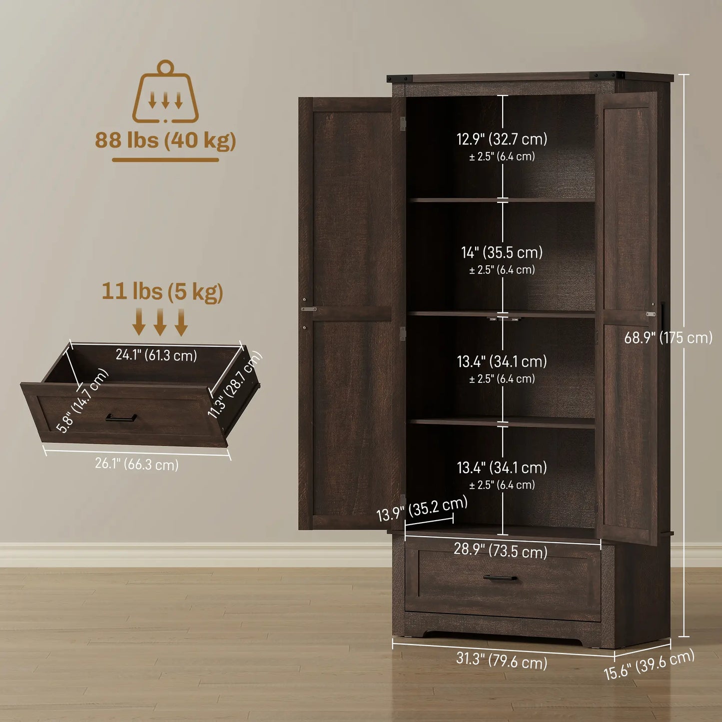 69" Tall Kitchen Pantry Cabinet, 2 Doors, Drawer, Adjustable Shelves, Dark Brown Kitchen Pantry Cabinets at Gallery Canada