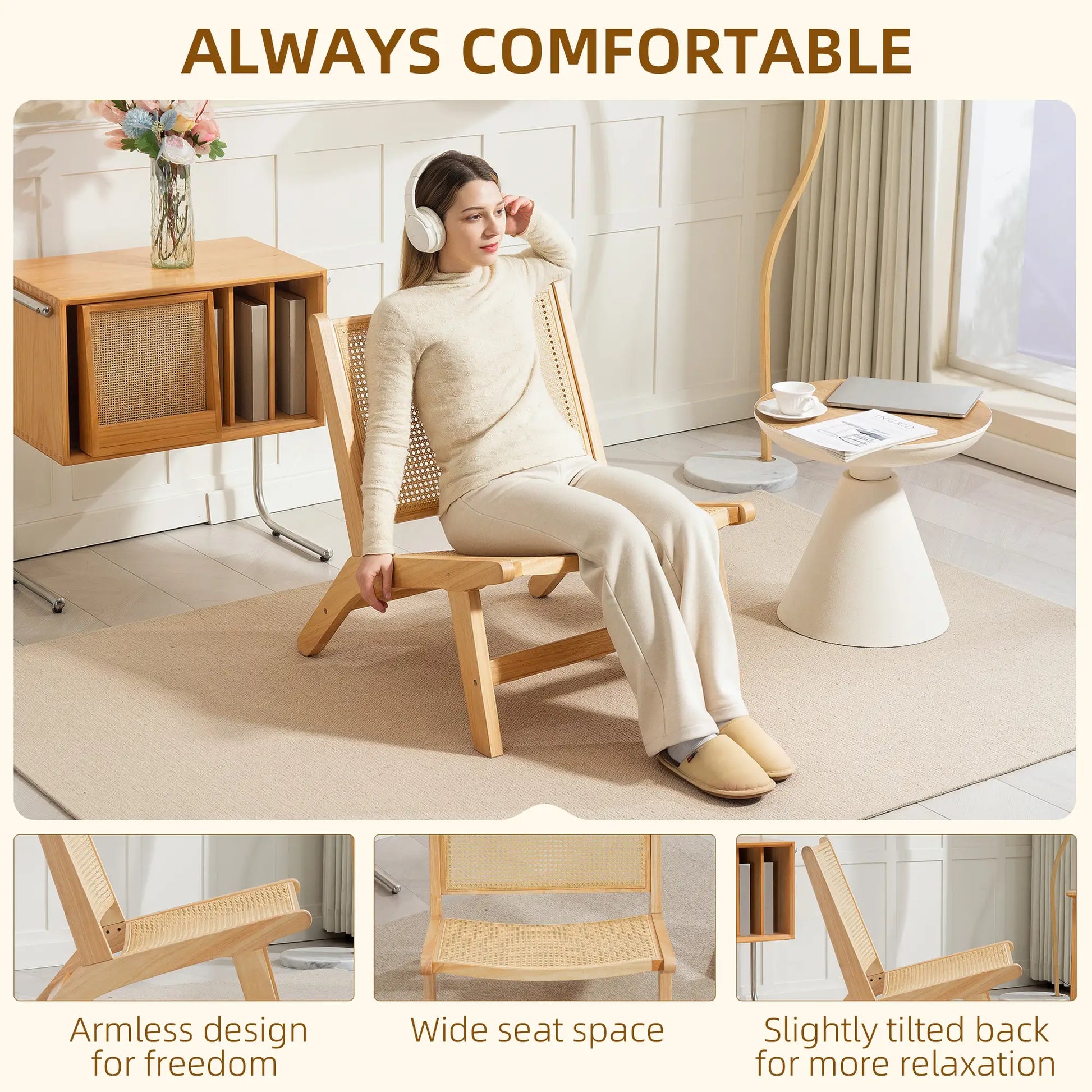 Rattan Accent Chair, Mid-Century Leisure, Rubber Wood Frame, Natural Accent Chairs at Gallery Canada