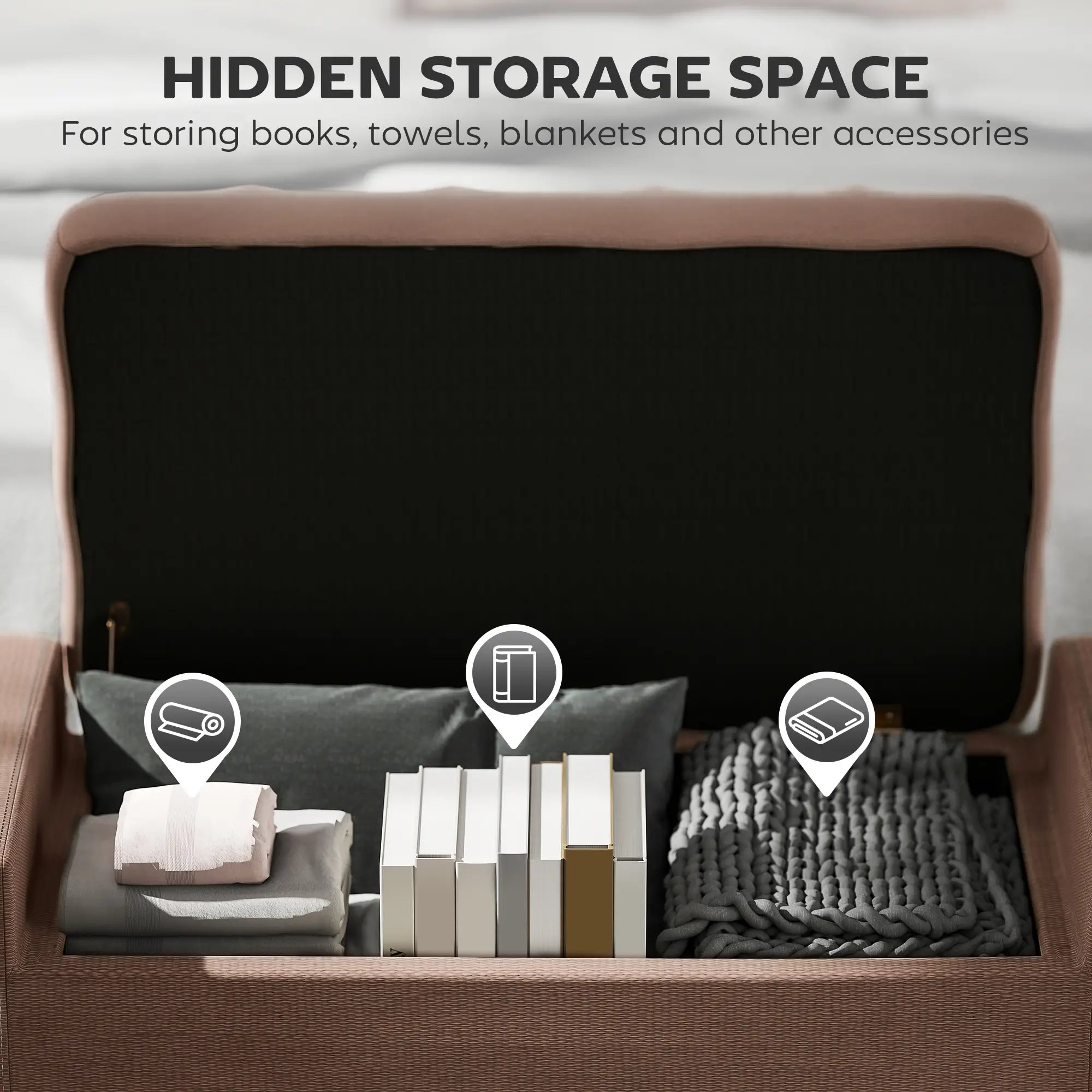 Storage Ottoman Bench, Linen Upholstered, Tufted, Brown Storage Ottomans & Benches at Gallery Canada