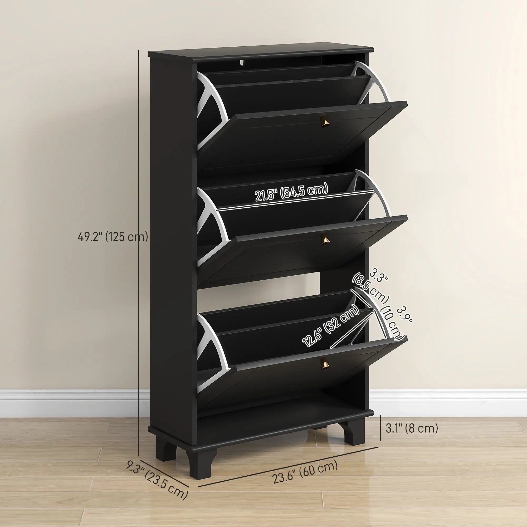 Narrow Shoe Storage, 3 Flip Drawers, Adjustable Shelves, Holds 12 Pairs, Black Shoe Storage Cabinets & Racks at Gallery Canada