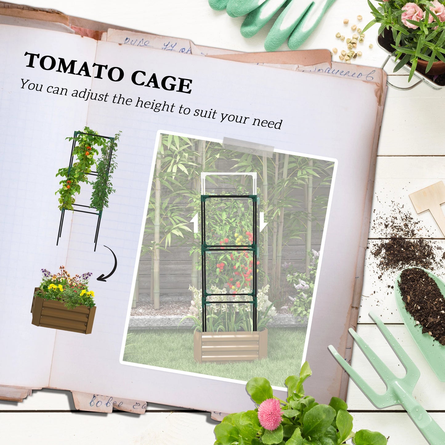 Galvanized Planter Box, Outdoor Raised Garden Bed with 3-Tier Trellis Tomato Cage for Climbing Vines, Vegetables, Brown Galvanized Planter Boxes at Gallery Canada