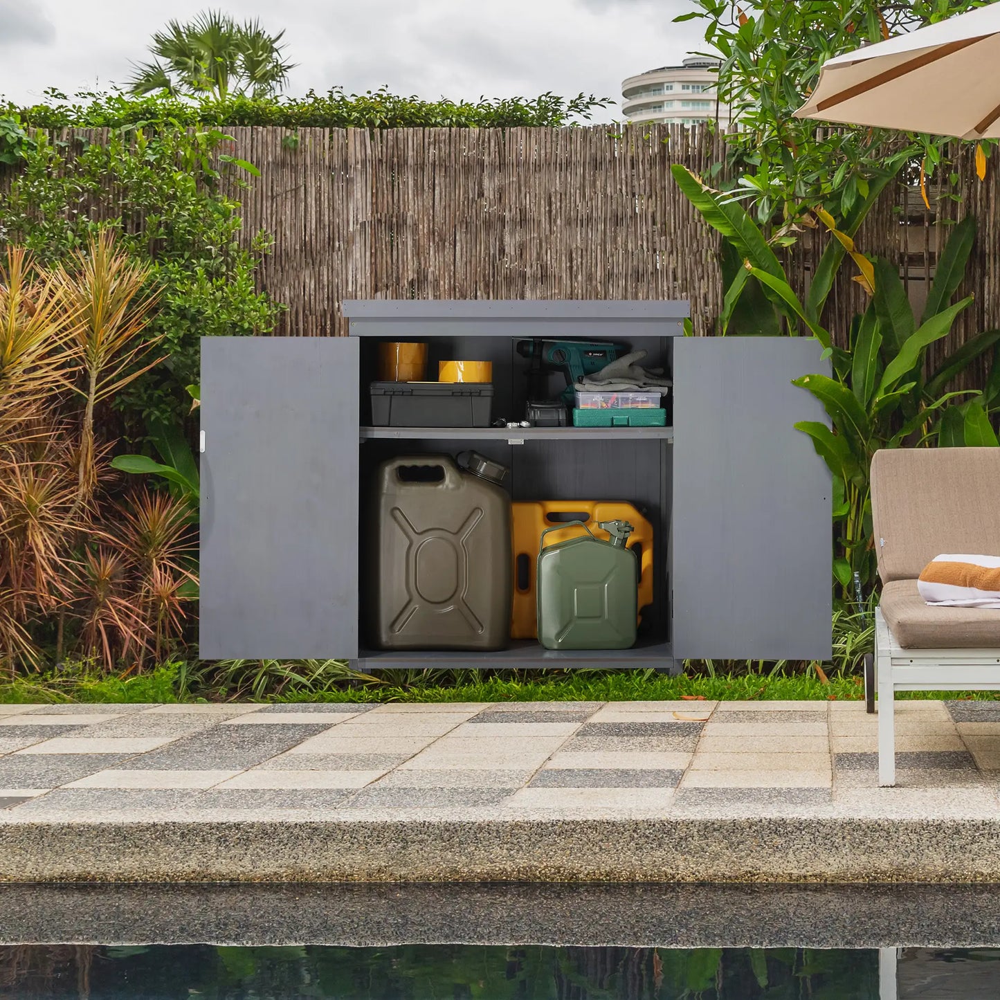 Outdoor Garden Storage Cabinet, Galvanized Top, Two Shelves, Grey Sheds at Gallery Canada