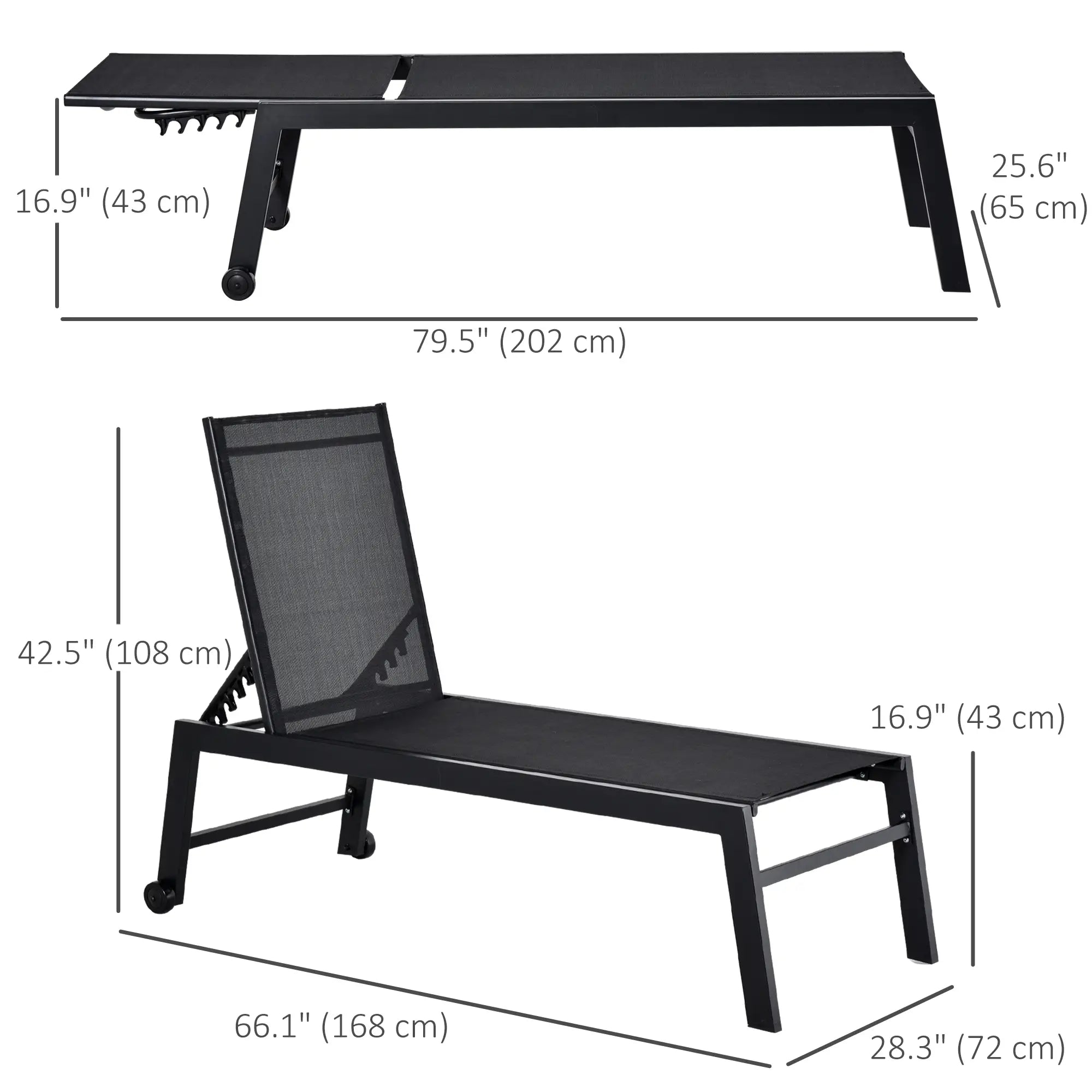 Outdoor Lounge Chair, 5-Position Reclining Backrest, 2 Wheels, Black Lounger Chairs at Gallery Canada