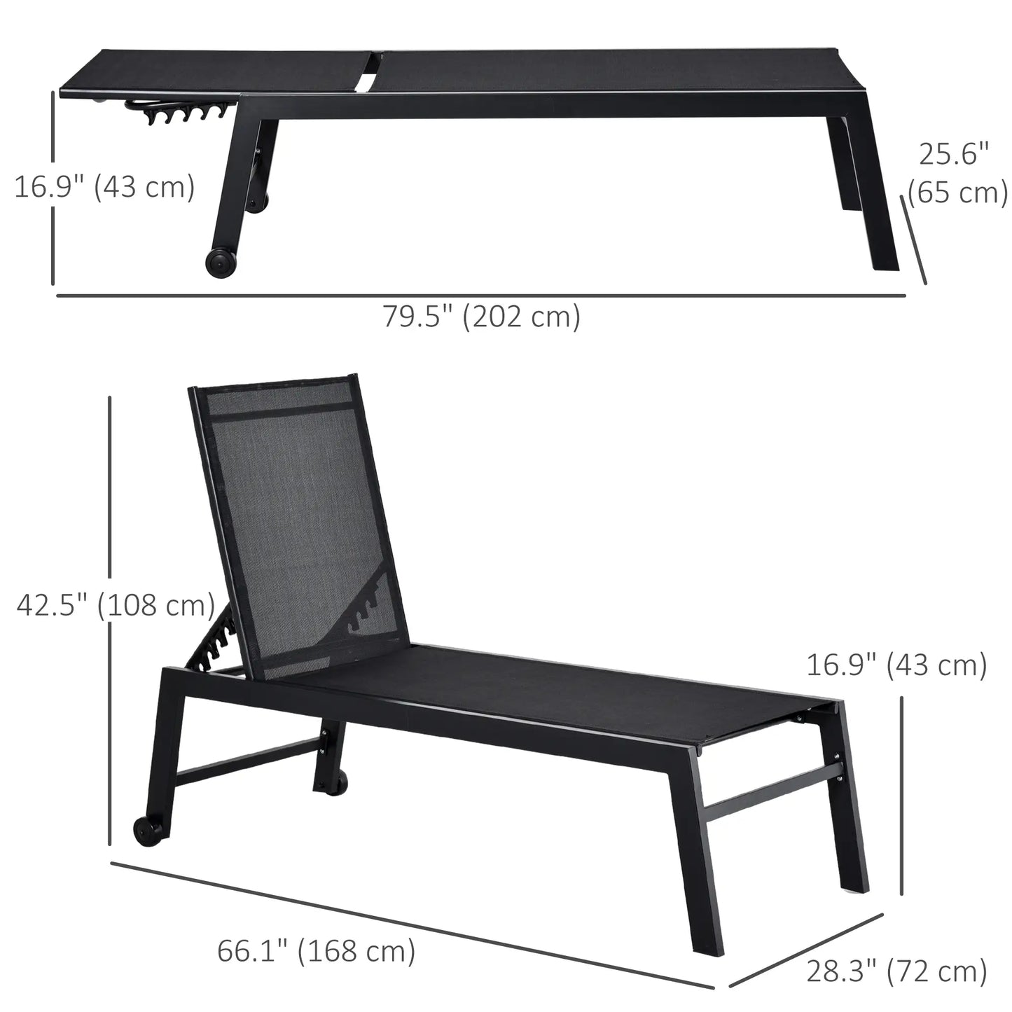 Outdoor Lounge Chair, 5-Position Reclining Backrest, 2 Wheels, Black Lounger Chairs at Gallery Canada