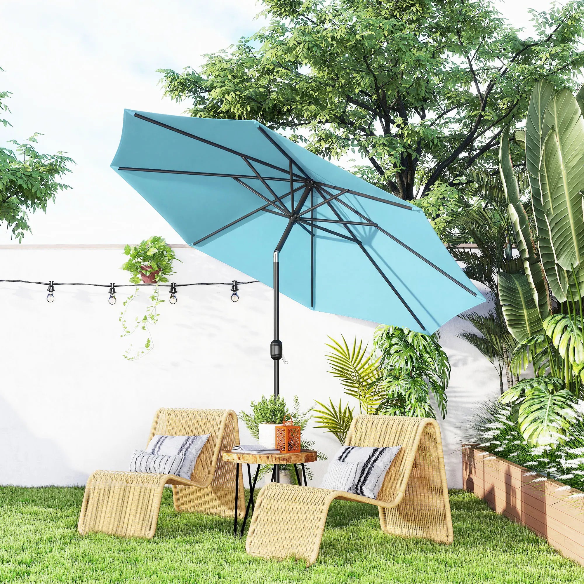 10' x 8' Round Market Umbrella, Crank Handle, Tilt, Sky Blue Sun Umbrellas at Gallery Canada