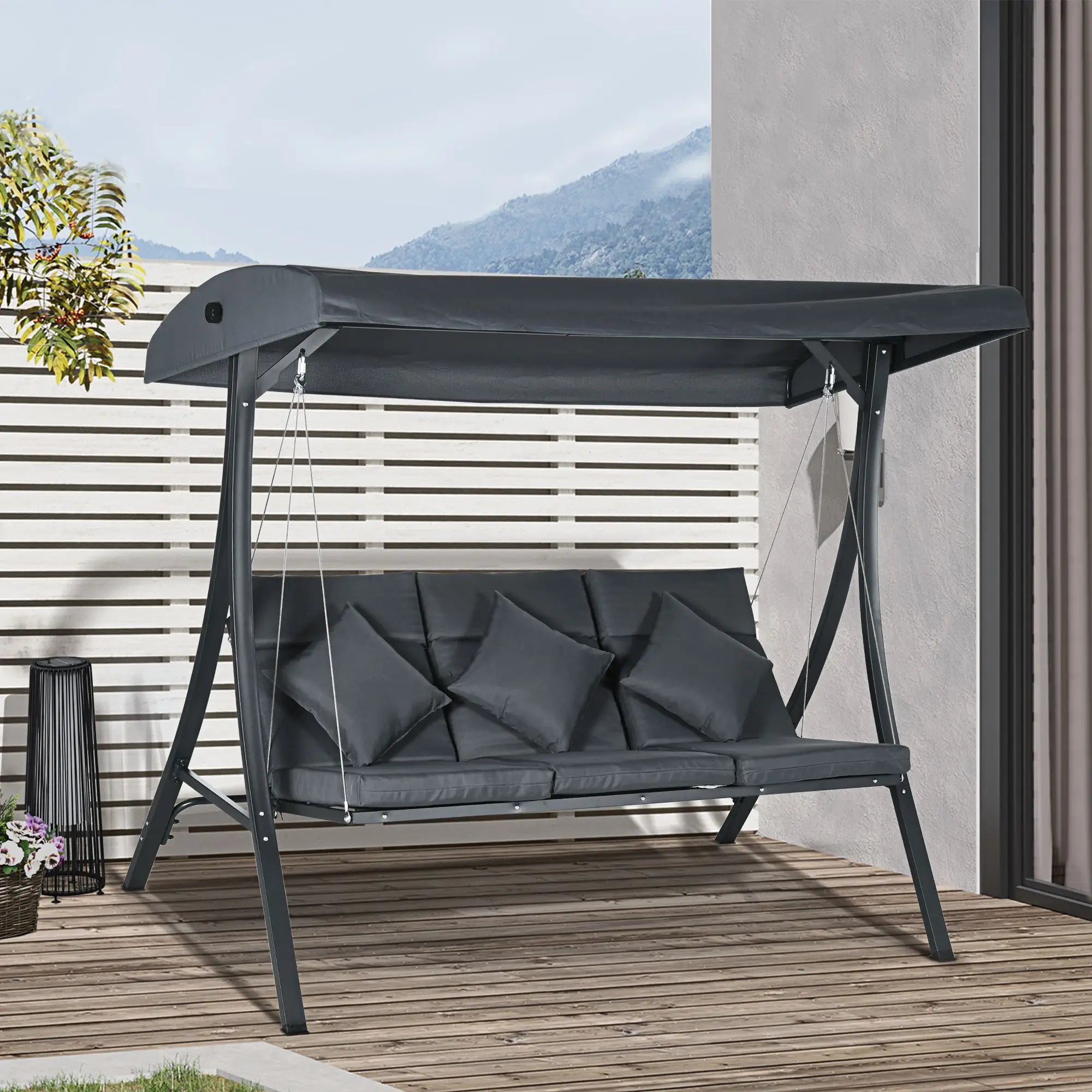 3-Person Patio Swing Chair, Adjustable Canopy, Cushioned Seat, Dark Grey Patio Swings with Stand at Gallery Canada