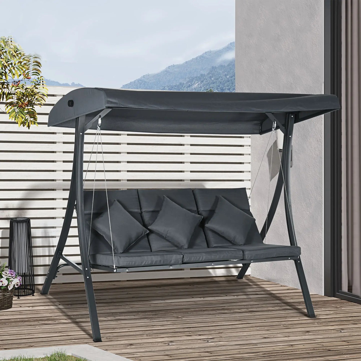3-Person Patio Swing Chair, Adjustable Canopy, Cushioned Seat, Dark Grey Patio Swings with Stand at Gallery Canada