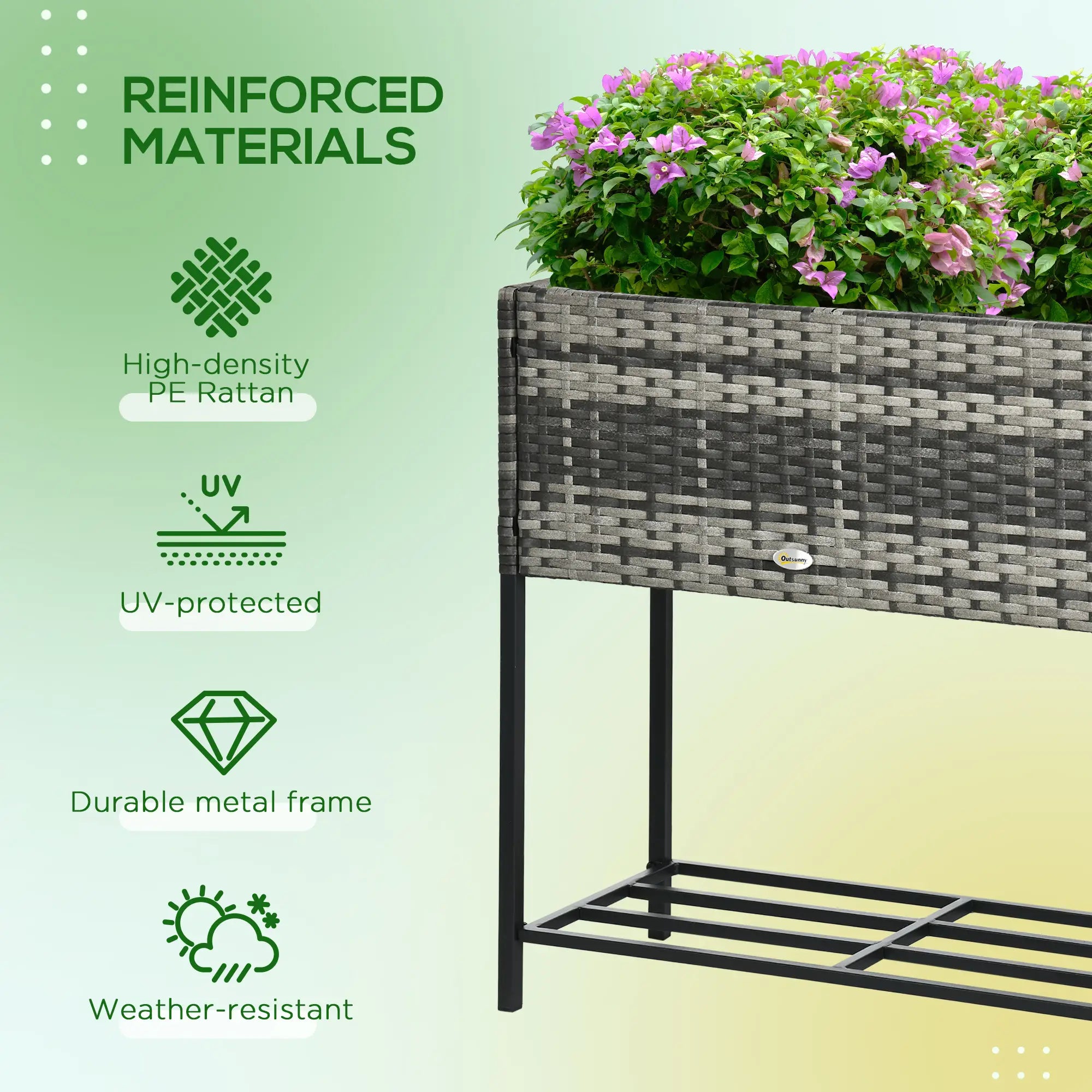 Rattan Raised Garden Box, Elevated Flower Bed with Shelf, Mixed Grey, Grey Plant Stands at Gallery Canada