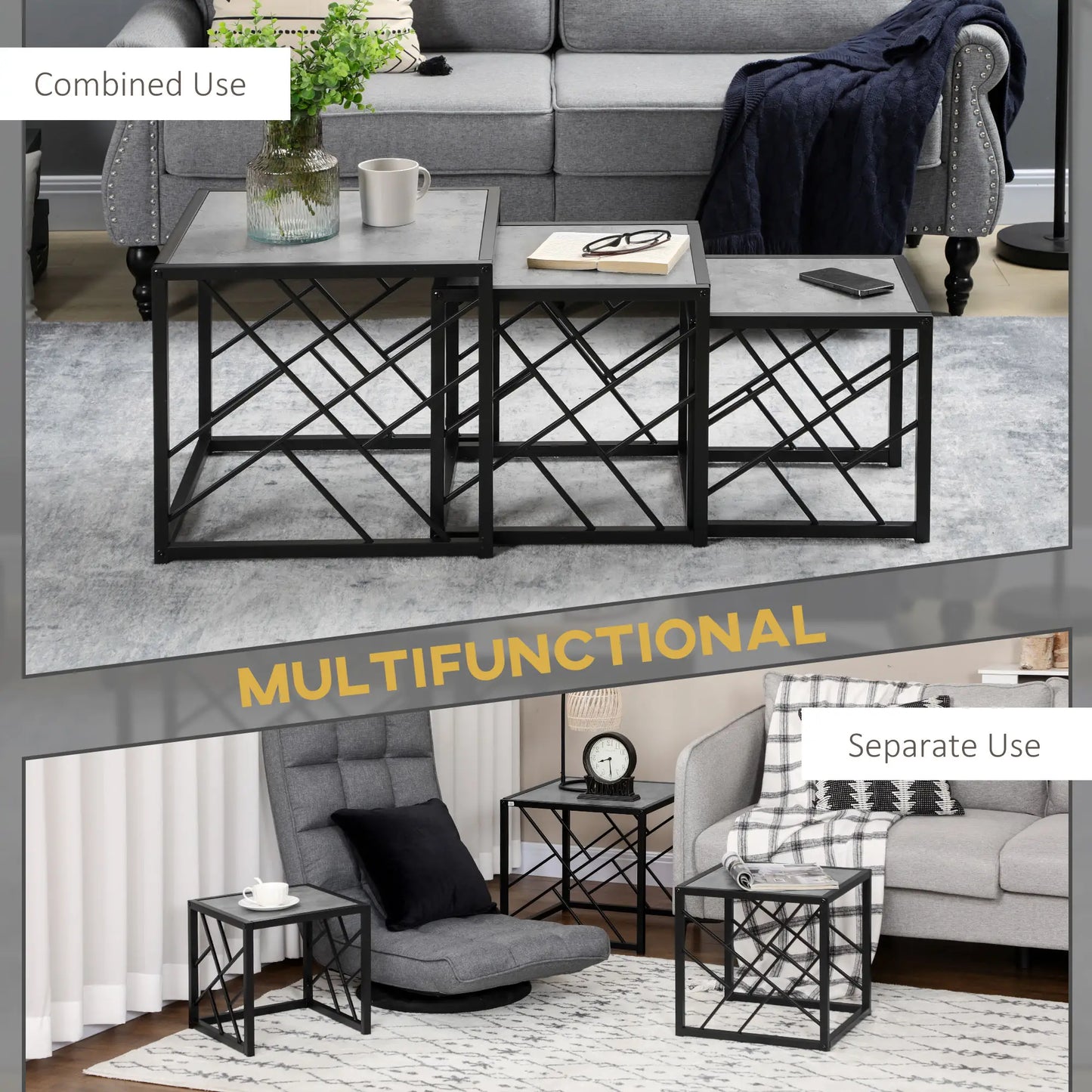 Square Nest of Tables Set of 3, Metal Frame, for Living Room, Grey Coffee Tables at Gallery Canada