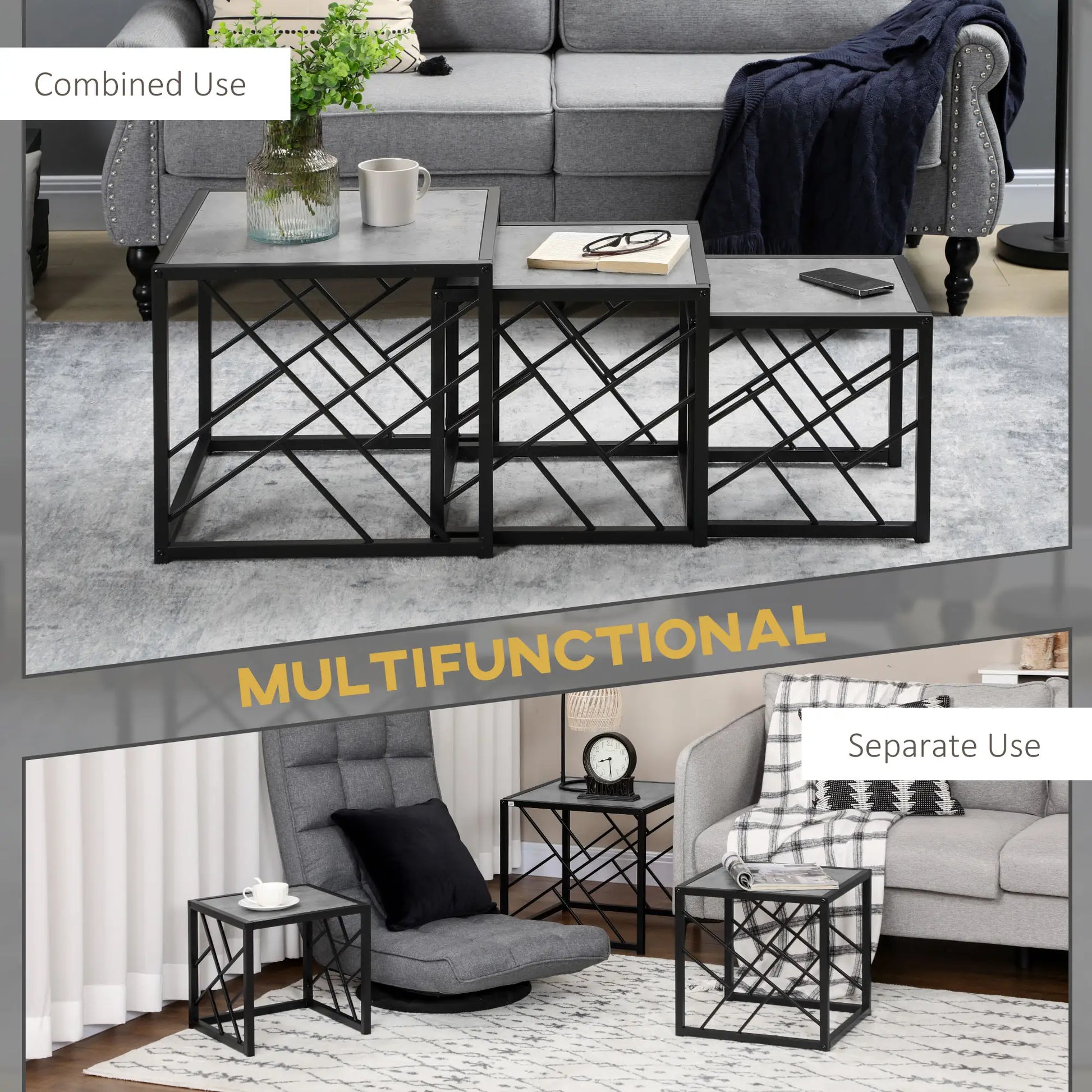 Square Nest of Tables Set of 3, Metal Frame, for Living Room, Grey Coffee Tables at Gallery Canada