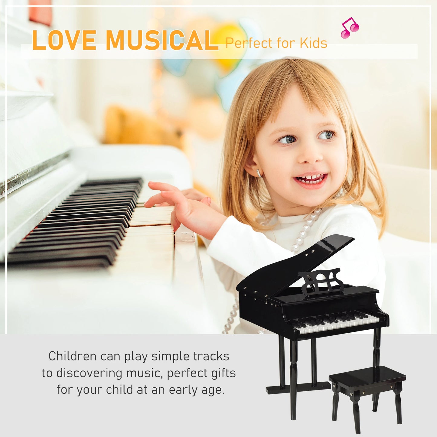 Modern Kids Piano, 30 Keys, Set of 2, Mini Toy, Grand Piano with Stand, Black Electronic Musical Pianos at Gallery Canada