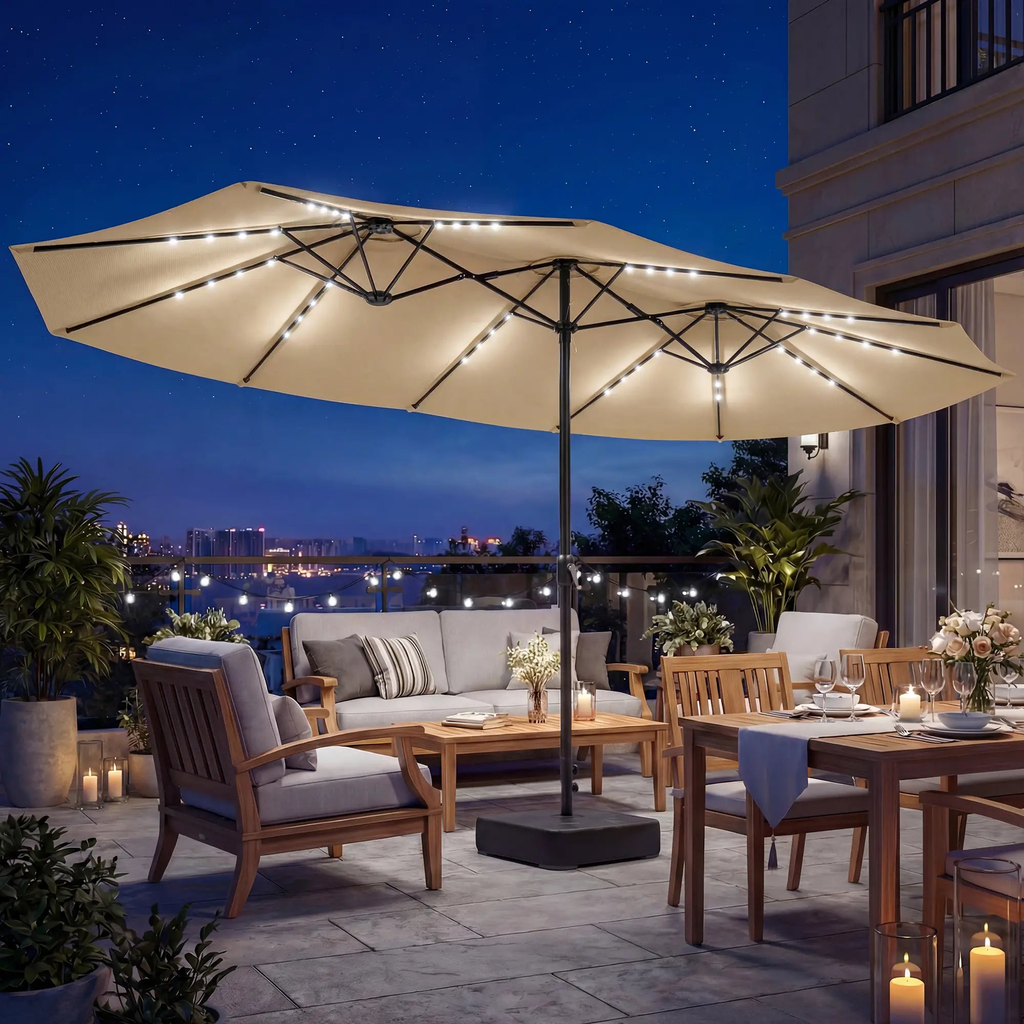 Double Sided Patio Umbrella, 15ft, LED Lights, Base Included, Khaki Double-sided Umbrellas at Gallery Canada