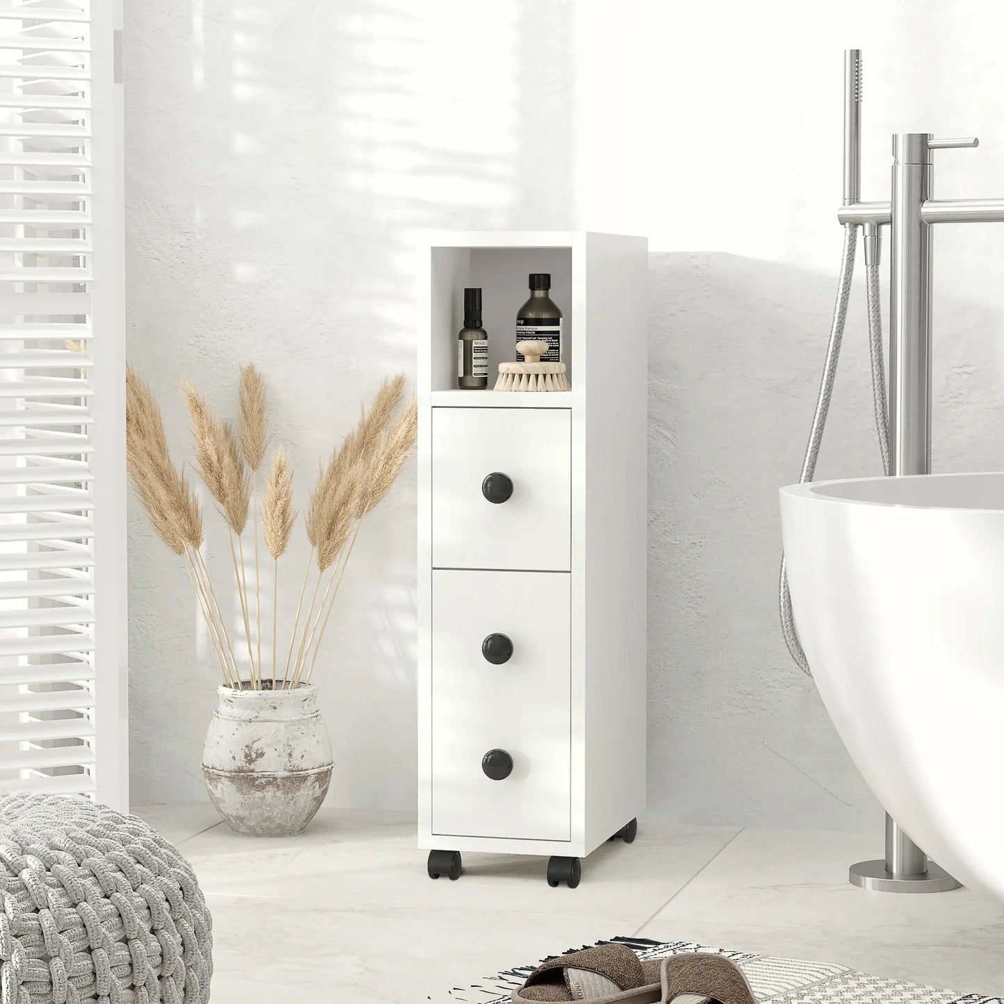 Slim Bathroom Cabinet with Wheels, Door, Drawer, 2 Compartments, White Bathroom Cabinets at Gallery Canada
