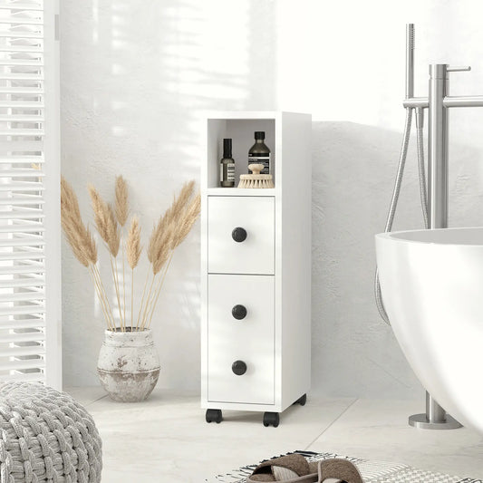 Slim Bathroom Cabinet with Wheels, Door, Drawer, 2 Compartments, White Bathroom Cabinets White at Gallery Canada