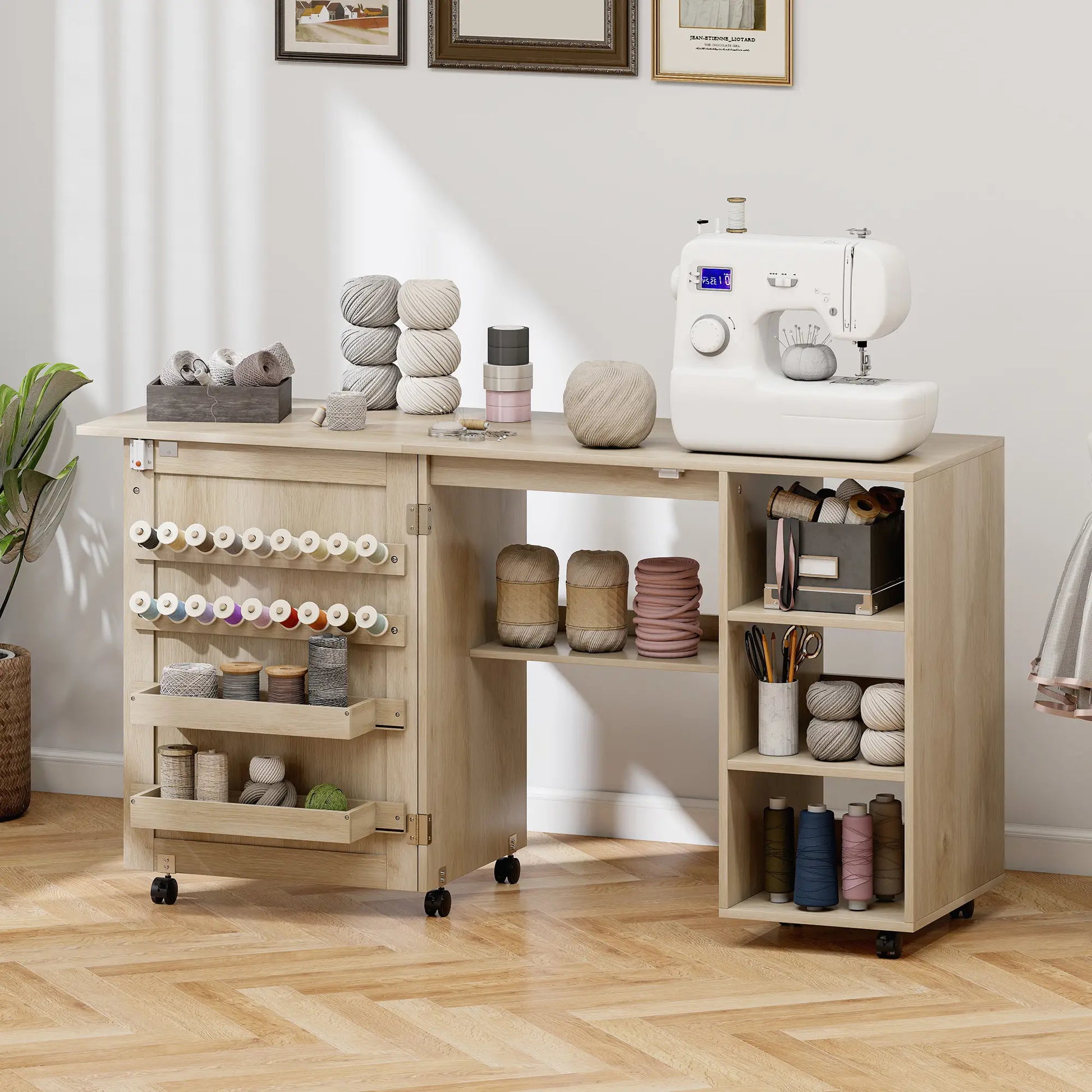 Sewing Machine Table with Drop Leaf, Rattan Door, Storage Shelves, Natural Storage Cabinets at Gallery Canada