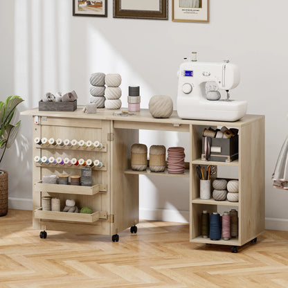 Sewing Machine Table with Drop Leaf, Rattan Door, Storage Shelves, Natural Storage Cabinets at Gallery Canada
