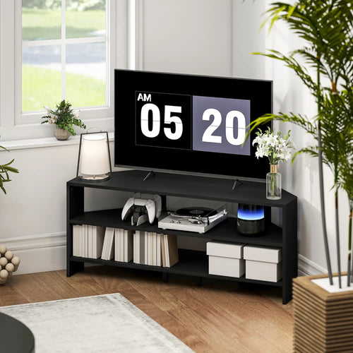 Corner TV Stand, 47 Inch, Modern Table With 2 Shelves, Black