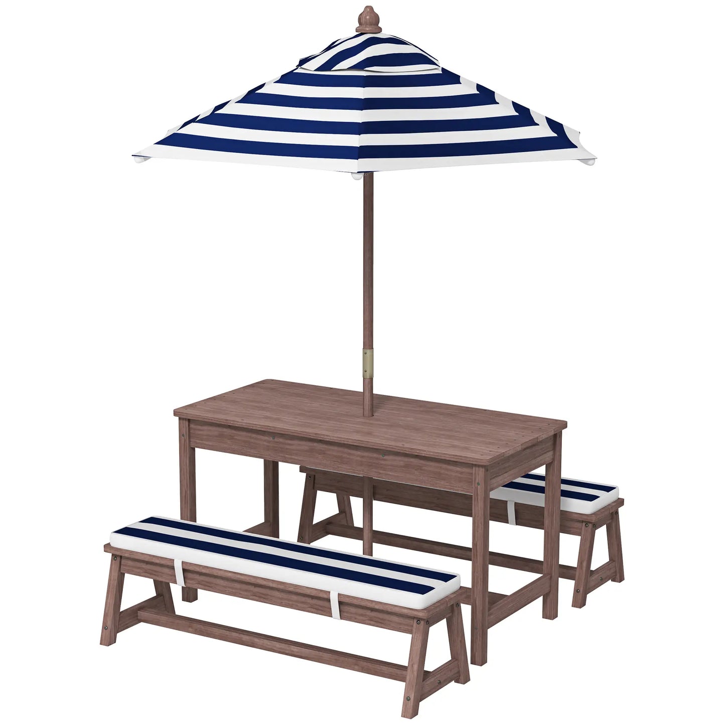 Kids Picnic Table Bench Set with Umbrella, Cushions, Navy Blue Kids Outdoor Furniture Dark Brown, Navy Blue at Gallery Canada