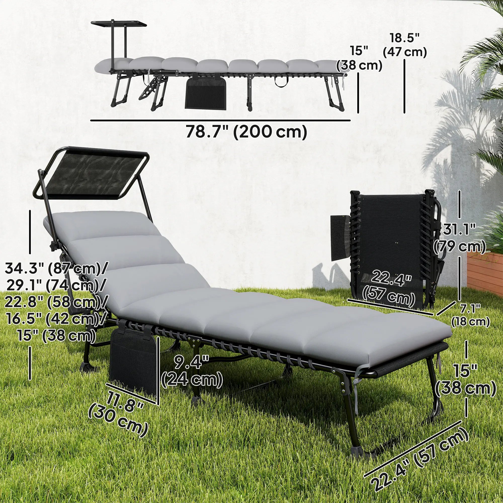 2 PCS Folding Chaise Lounge Chairs, Adjustable 5-Position, Cushion, Canopy, Side Pocket Lounger Chairs at Gallery Canada