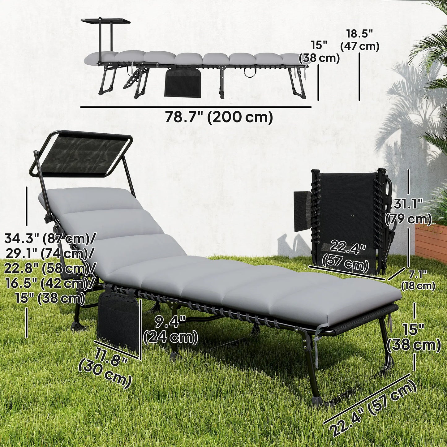 2 PCS Folding Chaise Lounge Chairs, Adjustable 5-Position, Cushion, Canopy, Side Pocket Lounger Chairs at Gallery Canada