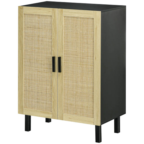 Boho Sideboard, Buffet Cabinet with Storage, 2 Rattan Doors, Black