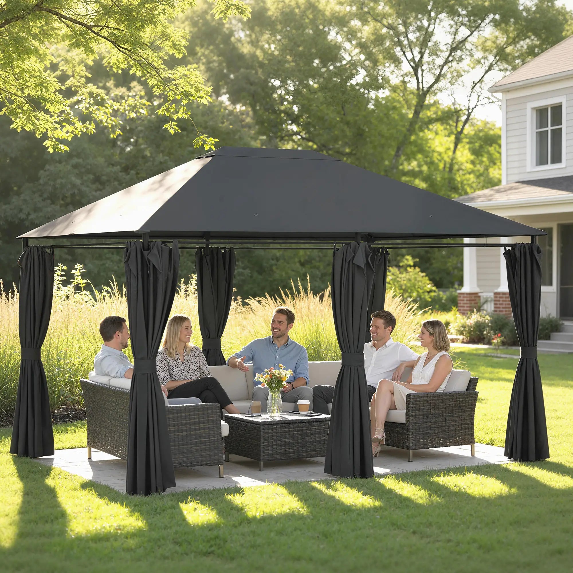 13'x10' Steel Patio Gazebo Canopy, 6 Removable Curtains, Dark Grey Gazebos at Gallery Canada