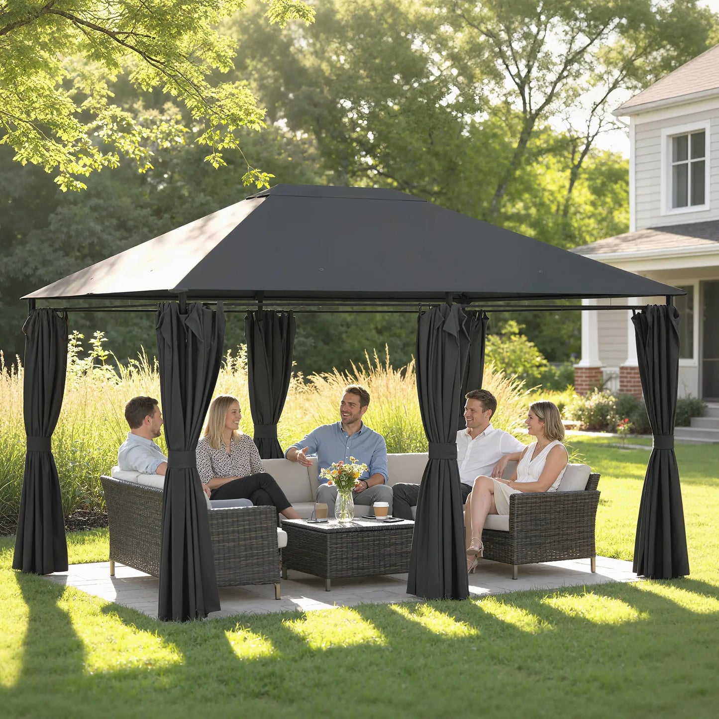 13'x10' Steel Patio Gazebo Canopy, 6 Removable Curtains, Dark Grey Gazebos at Gallery Canada