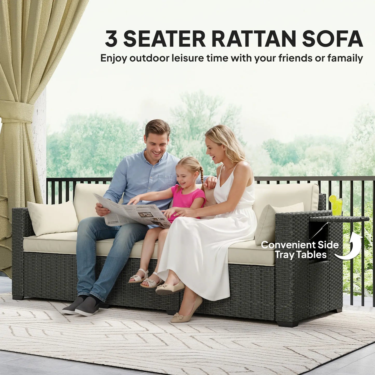 3 Seater Wicker Patio Sofa, 6" Thick Cushions, Cream White Patio Furniture Sets at Gallery Canada