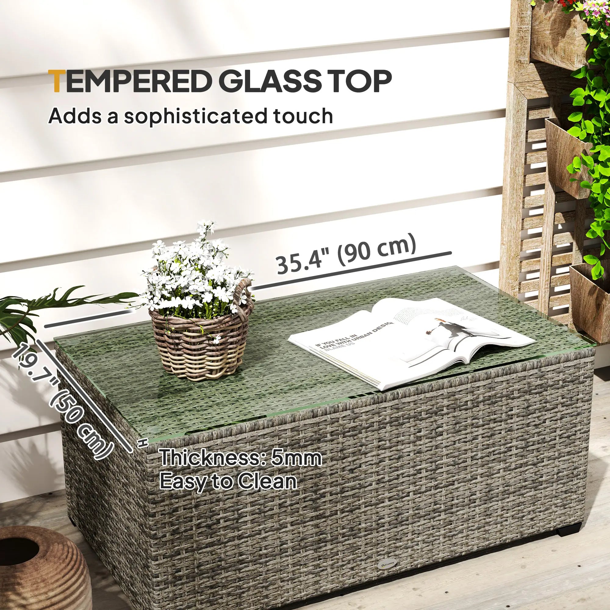 PE Wicker Outdoor Coffee Table, Rectangular Patio Table With Tempered Glass Top, Dark Grey Patio Side Tables at Gallery Canada